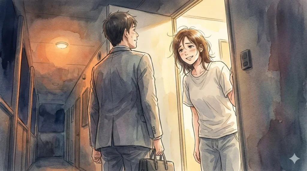 飾らない笑顔で迎えてくれる女性に、見栄ではない本当の安心感を見出した瞬間を表現したイメージ