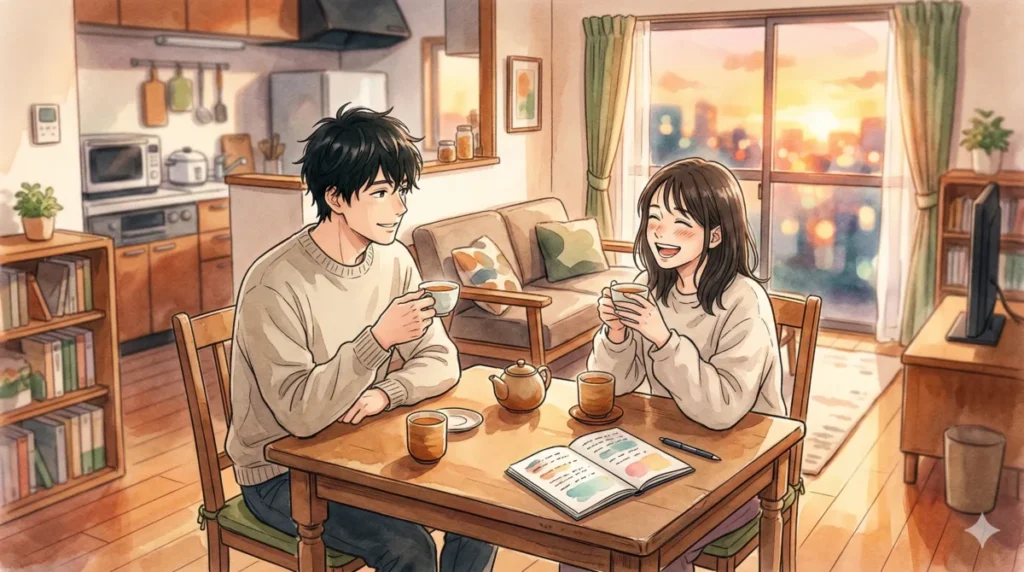 理想を超えた居心地の良さに包まれ、パートナーと穏やかな日常を笑い合う幸せを表現したイメージ