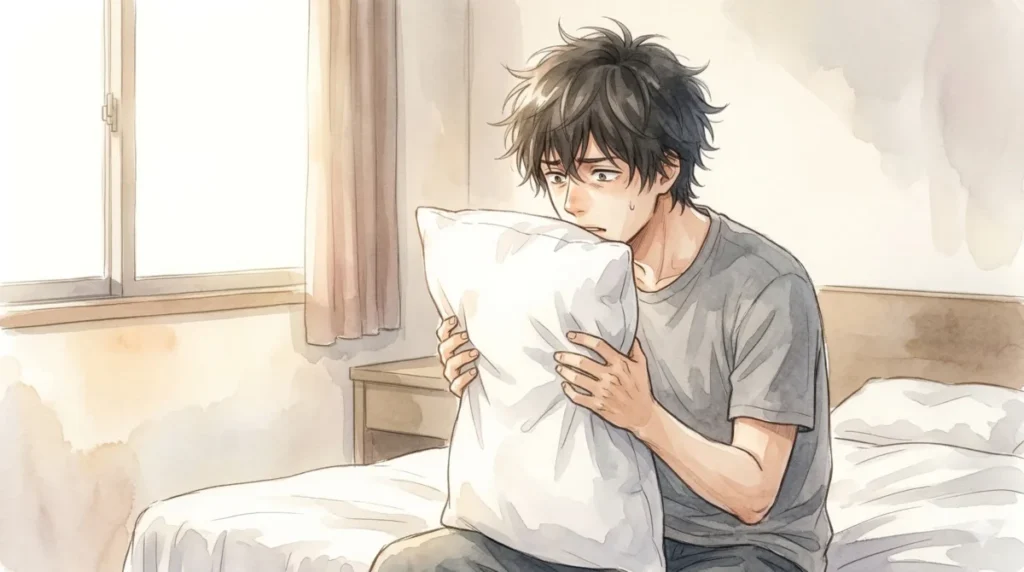 起床時に枕のニオイを嗅ぎ、ミドル脂臭の発生にショックを受ける男性を表現したイメージ