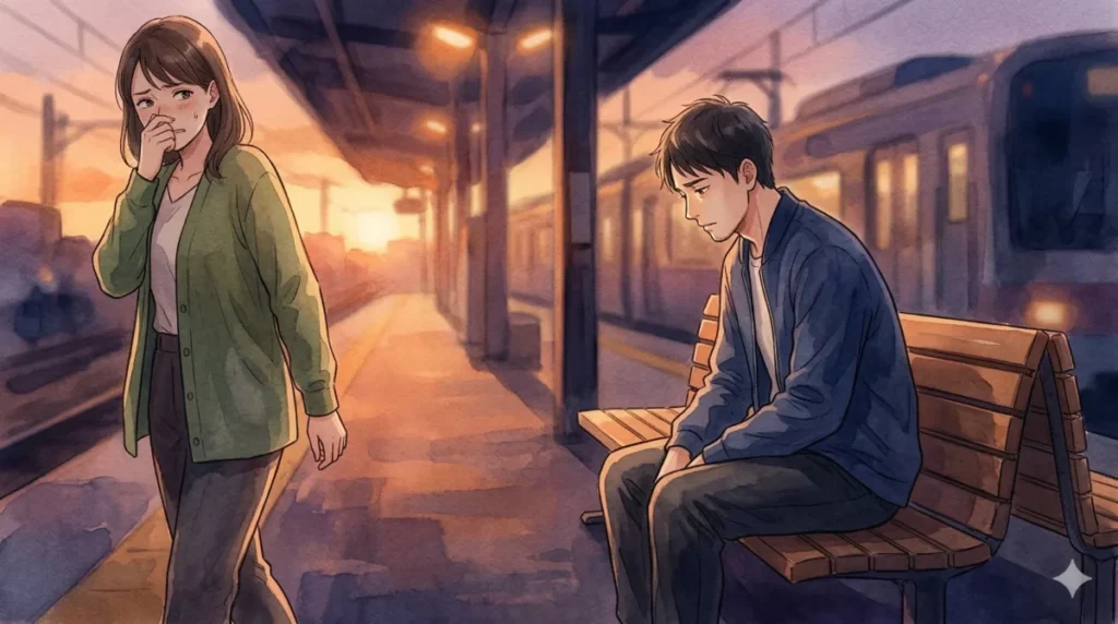 周囲へのニオイの影響を自覚せず、女性に不快感を与えてしまう状況を表現したイメージ