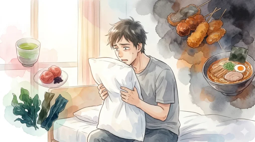 脂っこい食事と体臭の関係性を理解し、食生活の改善を志す様子を表現したイメージ
