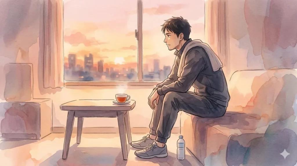 鏡を見て自身の清潔感を確認し、内面からの体臭ケアを意識する姿を表現したイメージ