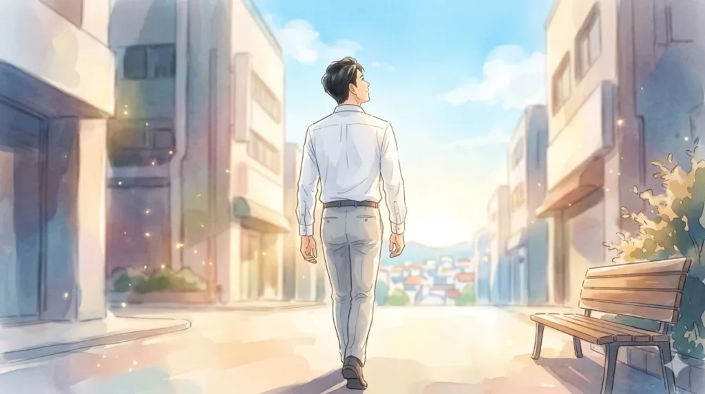 体臭対策を完了し、清潔感と自信を持って街を歩く男性の背中を表現したイメージ