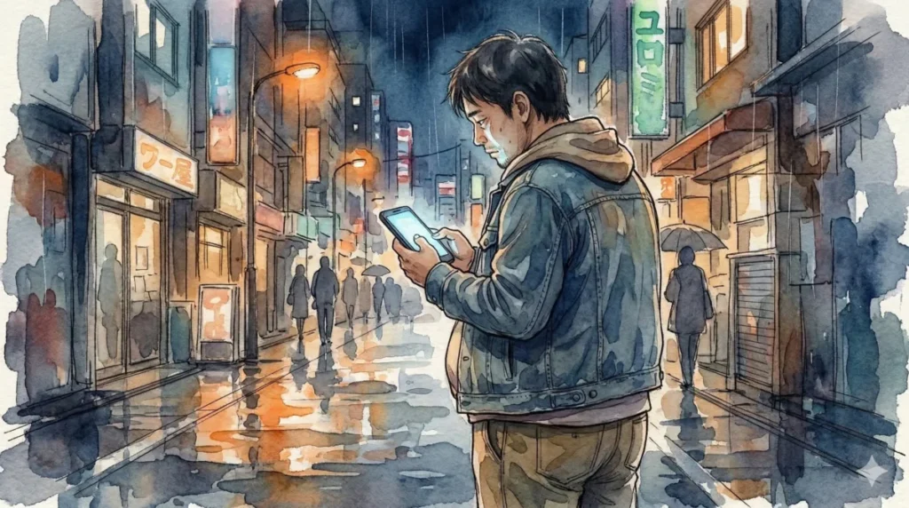 服選びに迷い、体型カバーを試みて着太りしてしまう30代男性の心理と状況を表現したイメージ