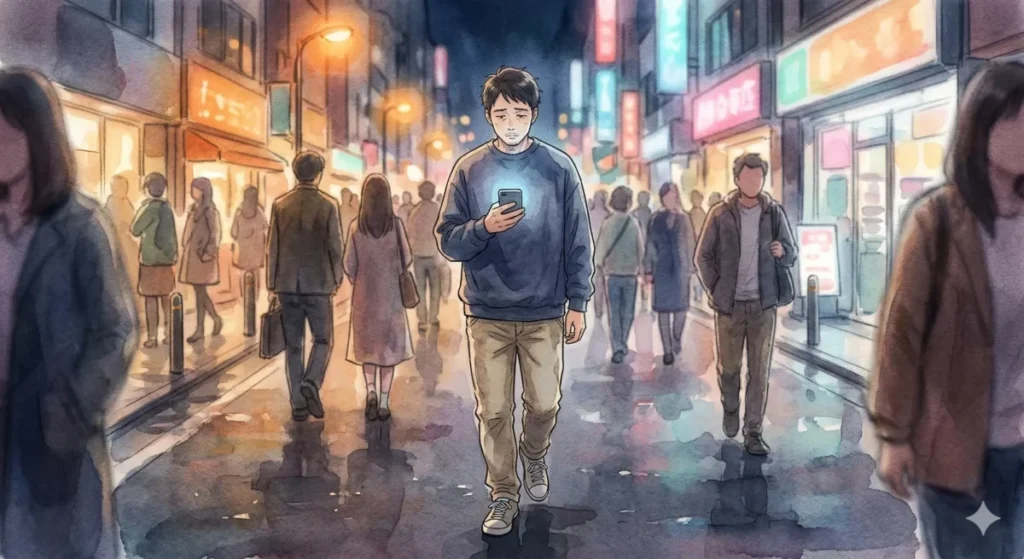 街中で女性の視線が素通りし、自身のファッションの現在地に戸惑う30代男性を表現したイメージ