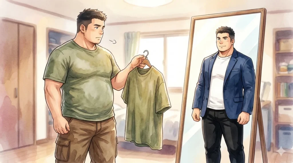 がっちり体型を活かすジャケットスタイルで、頼りがいのある大人の印象へ変わる瞬間を表現したイメージ