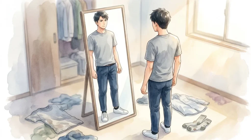 服の着丈や靴下など細部を見直し、手持ちの服で清潔感のある着こなしを追求する様子を表現したイメージ