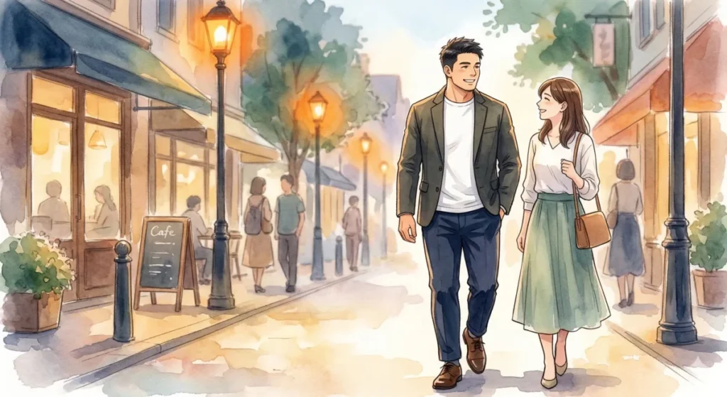 正しい装いを整え、意中の女性と自信を持って街を歩く「風景から抜け出した男」を表現したイメージ