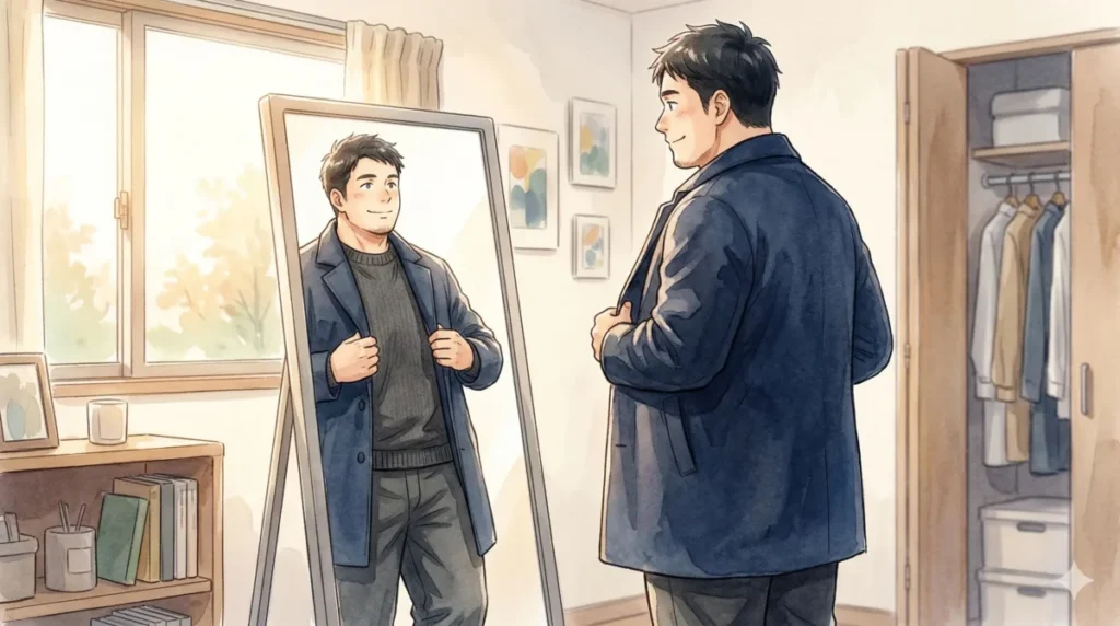 自分に合った服選びで、体型をカバーしつつ垢抜けた印象に変わる瞬間を表現したイメージ