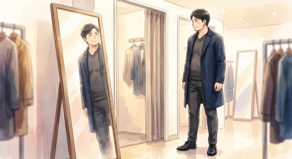 特定の色の効果や服のシルエットを活用し、スタイル良く見せるコツを表現したイメージ