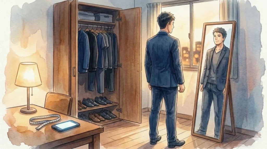 自分に合った服選びのポイントを理解し、自信を持ってファッションを楽しむ30代男性を表現したイメージ