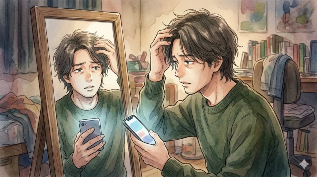 初めての美容室で緊張し、鏡の前で不安を感じる30代男性を表現したイメージ