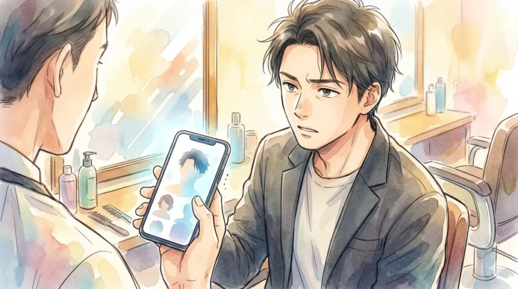 美容師にスマホの写真を見せて、具体的な理想の髪型を伝えるオーダーを表現したイメージ