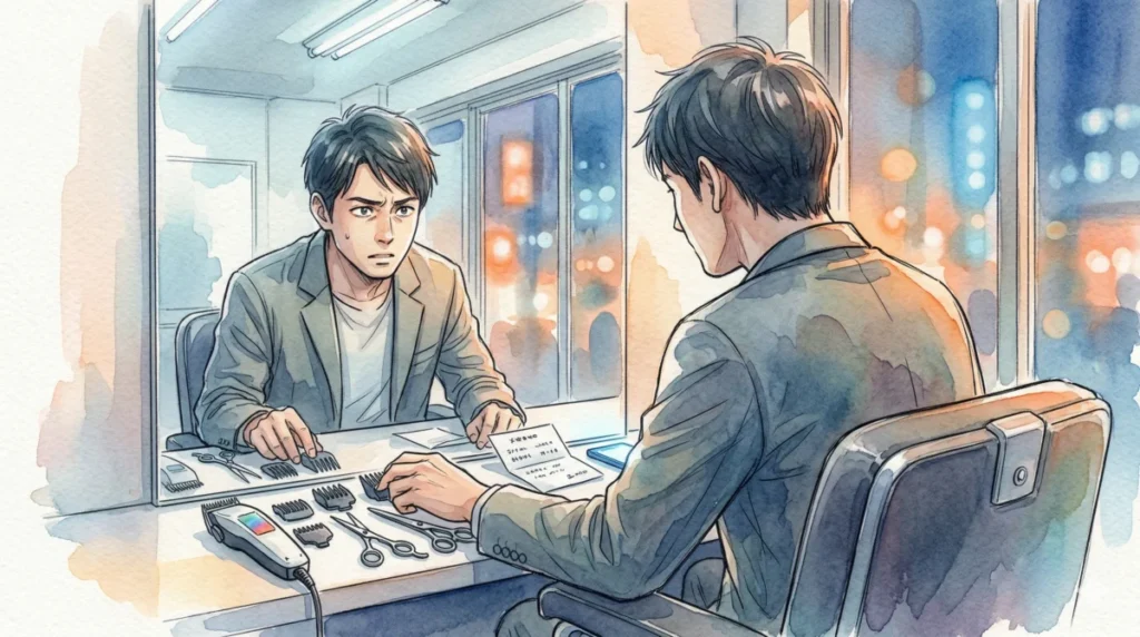 1000円カットで数値を使った的確なオーダーにより散髪を進める様子を表現したイメージ