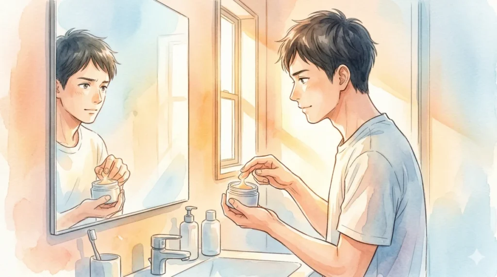 正しいワックスの量と順番を守り、手際よく短髪をセットする様子を表現したイメージ