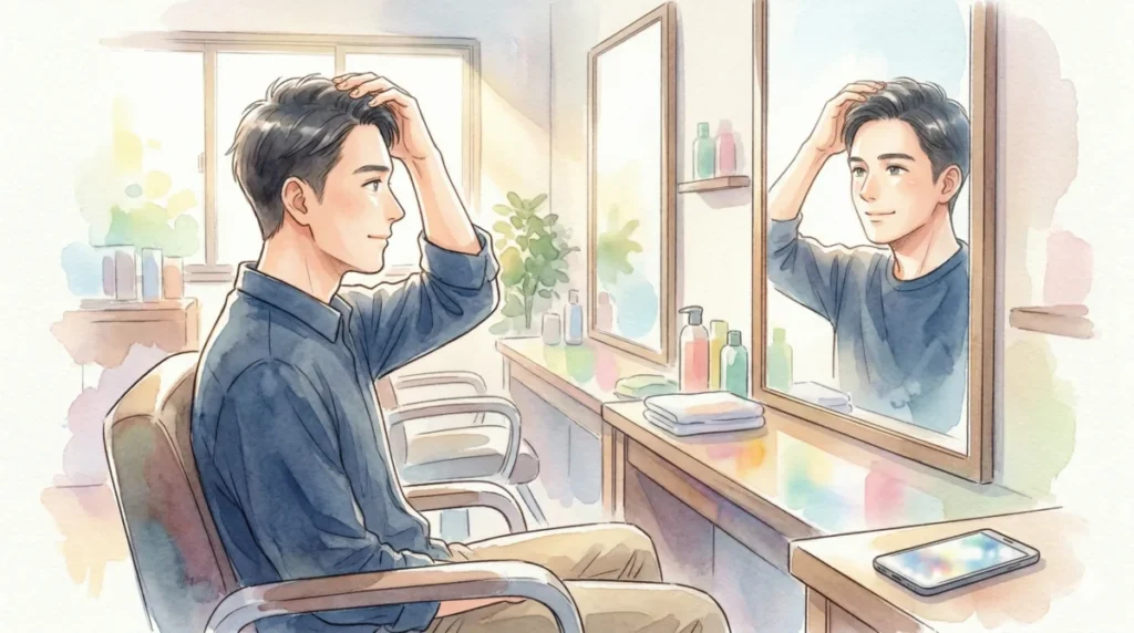 髪型を整えたことで自信を持ち、鏡の前で晴れやかな表情を浮かべる男性を表現したイメージ