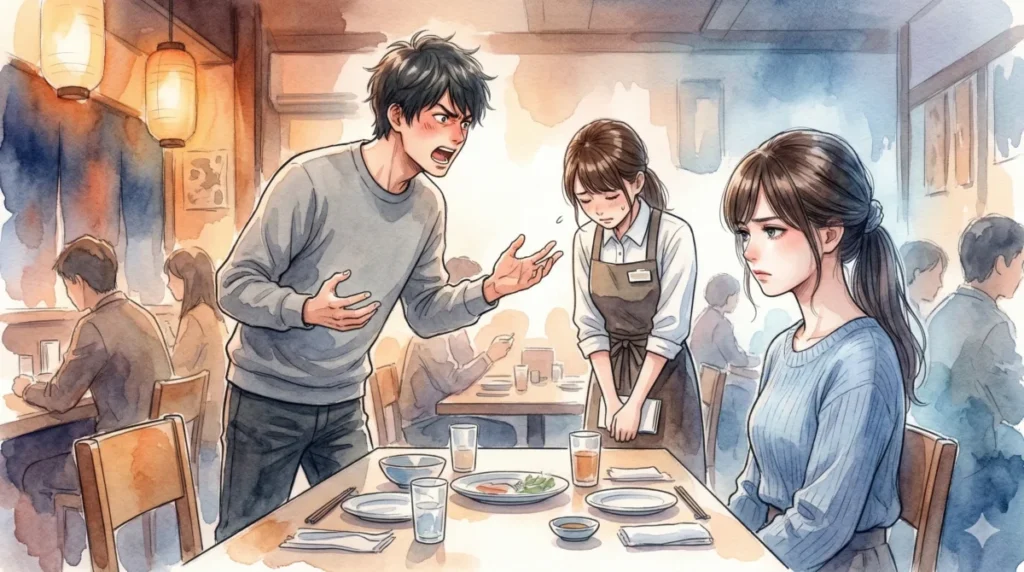 店員に横柄な態度を取り周囲を不快にさせる器の小さい振る舞いを表現したイメージ