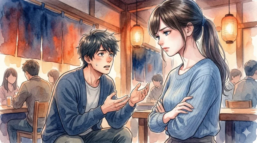 相手の顔色をうかがい自分軸がないことで女性に失望される様子を表現したイメージ