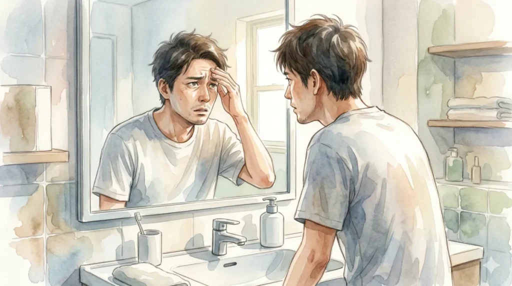鏡の前で肌のテカリや衰えに直面し、これまでの洗顔習慣を見直す様子を表現したイメージ
