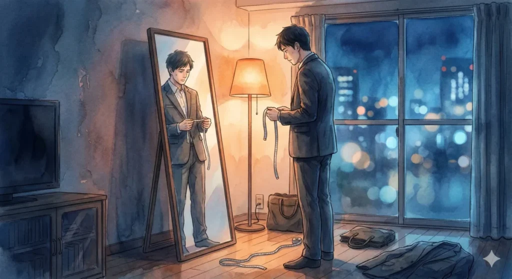 鏡の前でスーツのサイズ感に悩み、自分の外見を客観的に直視するシーンを表現したイメージ