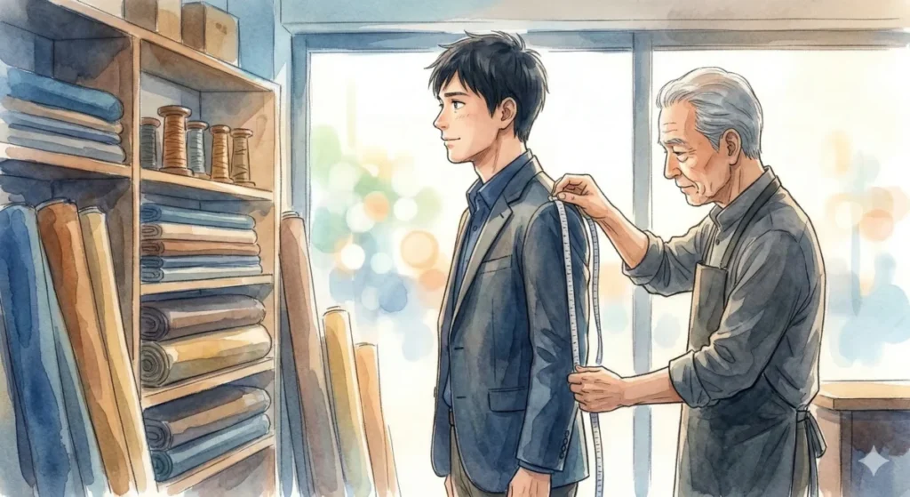 テーラーでプロの採寸を受け、既製品を卒業して自分専用の1着を作る工程を表現したイメージ