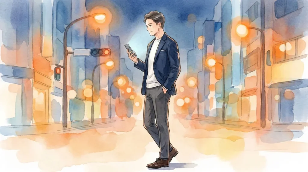 仕事帰りのデートに向けて、清潔感のあるビジカジスタイルで待ち合わせる姿を表現したイメージ