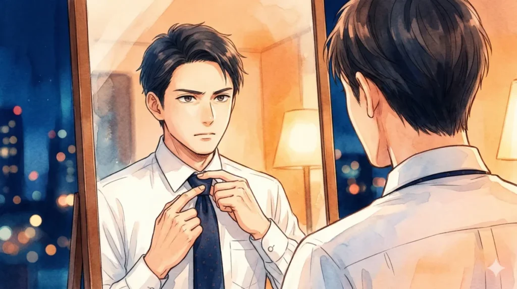 鏡に向かって丁寧にネクタイを締め、ディンプルという細部に魂を込める様子を表現したイメージ