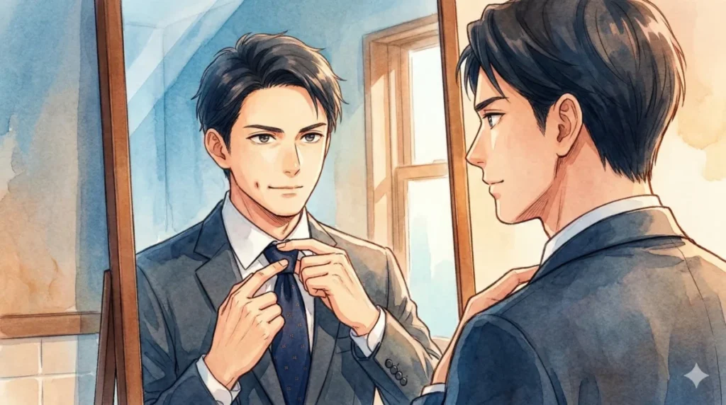 完璧な身だしなみを整え、出会いの場で選ばれる男としての自信を確立した姿を表現したイメージ