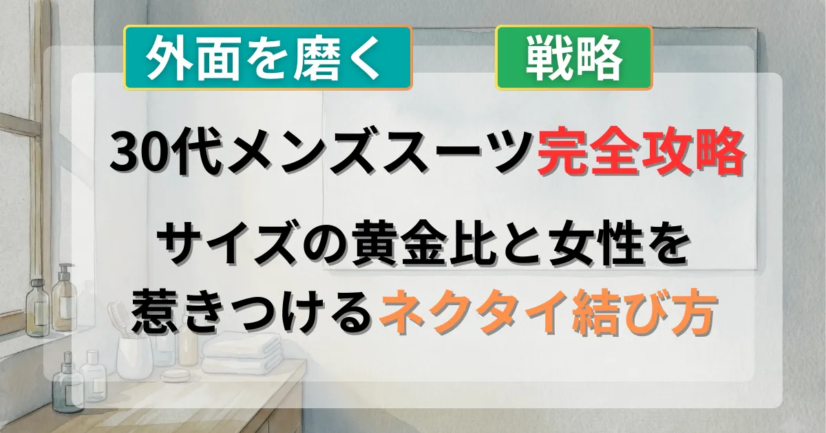 30代メンズのスーツ選びとネクタイ結び方の攻略法を解説した記事のイメージイラスト