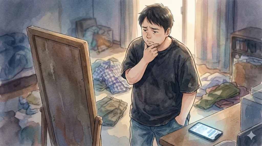 ぽっこりお腹を隠すために大きめの服を選び、逆にだらしない印象になって悩む状況を表現したイメージ