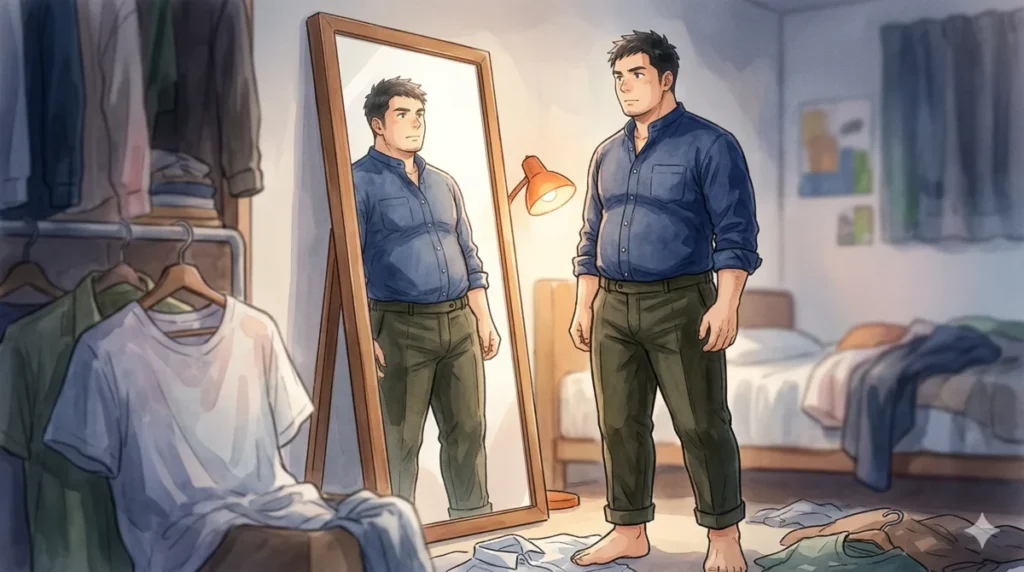 ハリのある厚手生地のシャツと足首を出した着こなしで、ガッチリ体型を着痩せさせる戦略を表現したイメージ