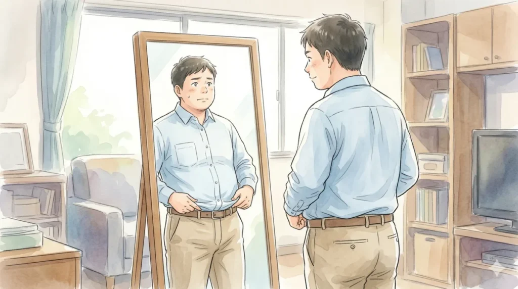 シャツをインした際にお腹が目立つ失敗と、裾を引き出して調整する試行錯誤を表現したイメージ