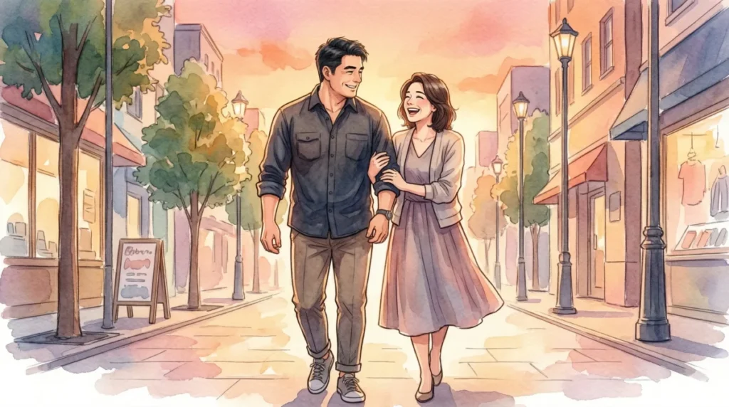 正しい服選びでガッチリ体型を貫禄に変え、自信を持ってデートを楽しむ大人の男の姿を表現したイメージ