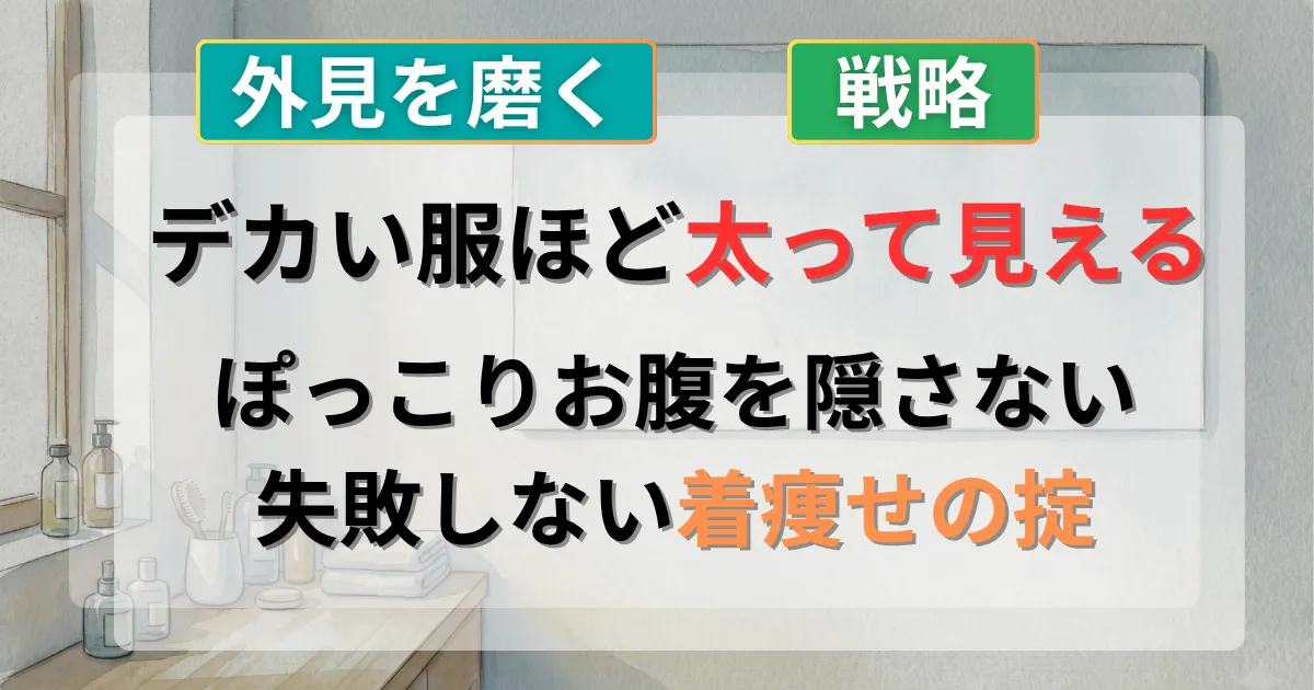 ガッチリ体型の男性がぽっこりお腹を目立たせない着痩せコーデ戦略を解説した記事のイメージイラスト