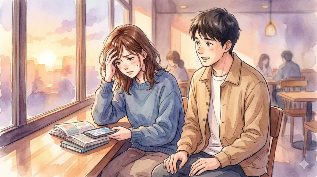 優しさのつもりで決断を相手に丸投げし、女性を疲れさせてしまう状況を表現したイメージ