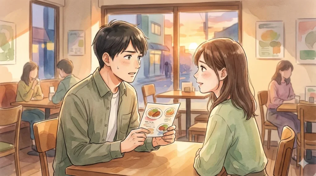 選択肢を二つに絞って提案し、相手の負担を減らしつつリードする場面を表現したイメージ