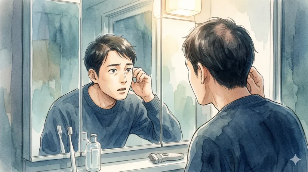 鏡の前で不意に見つけた耳毛や鼻毛に驚き手入れの必要性を実感するイメージ