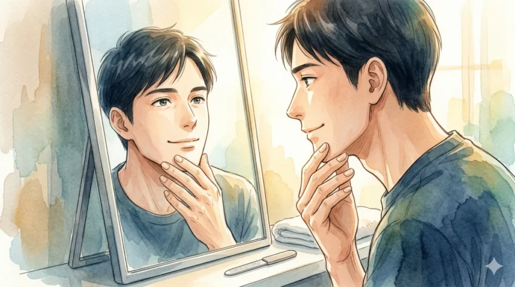 隅々まで整えた身だしなみで自信溢れる表情を鏡に映し出す様子を表現したイメージ