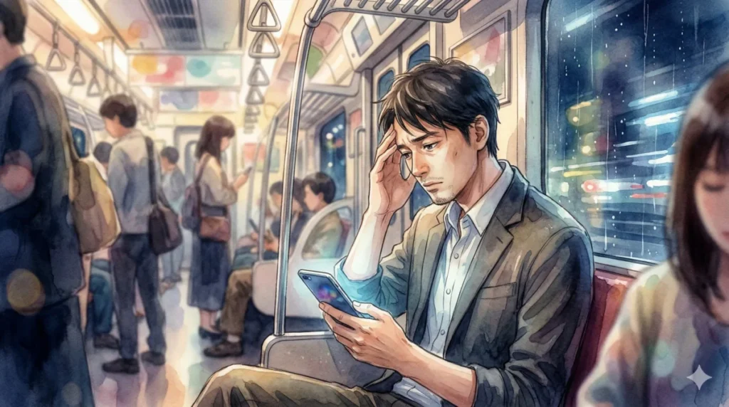 デート中に相手の欠点ばかりに目が行き、無意識に減点評価してしまう男性の心理を表現したイメージ