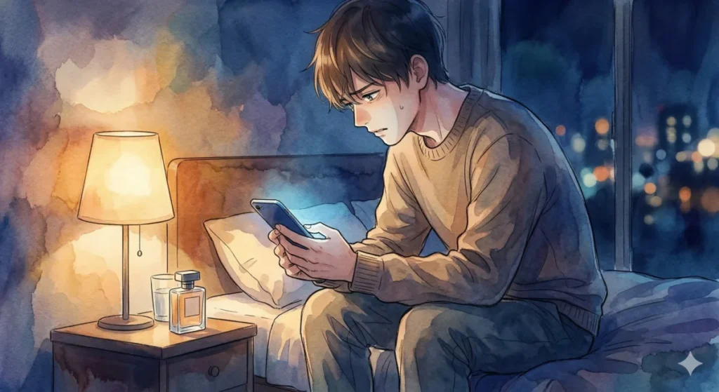 ネット上の辛辣な意見に悩み、自身の香りの身だしなみに不安を感じる心理を表現したイメージ