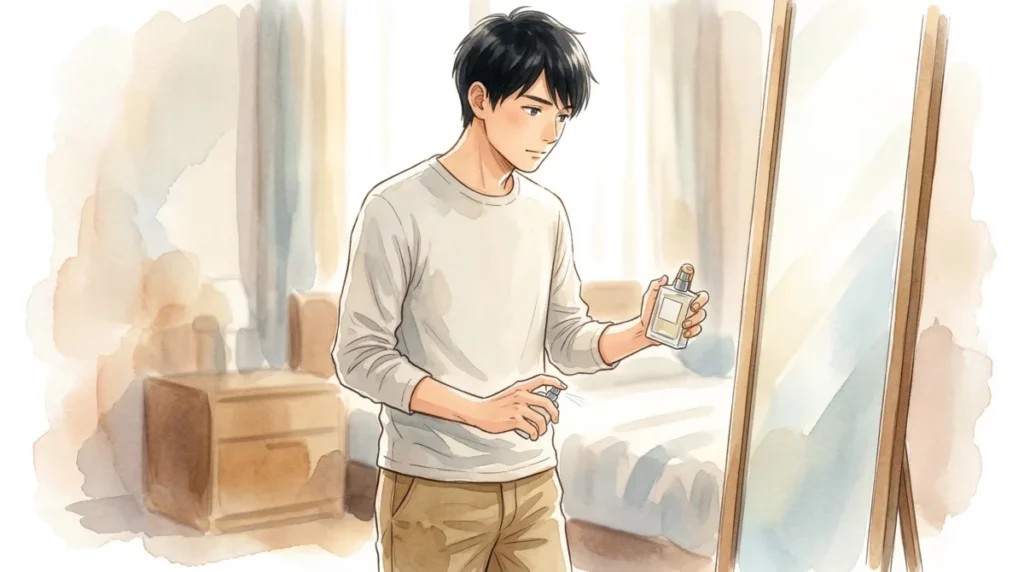 香水を下半身につけることで、周囲にさりげなく香りを漂わせるテクニックを表現したイメージ