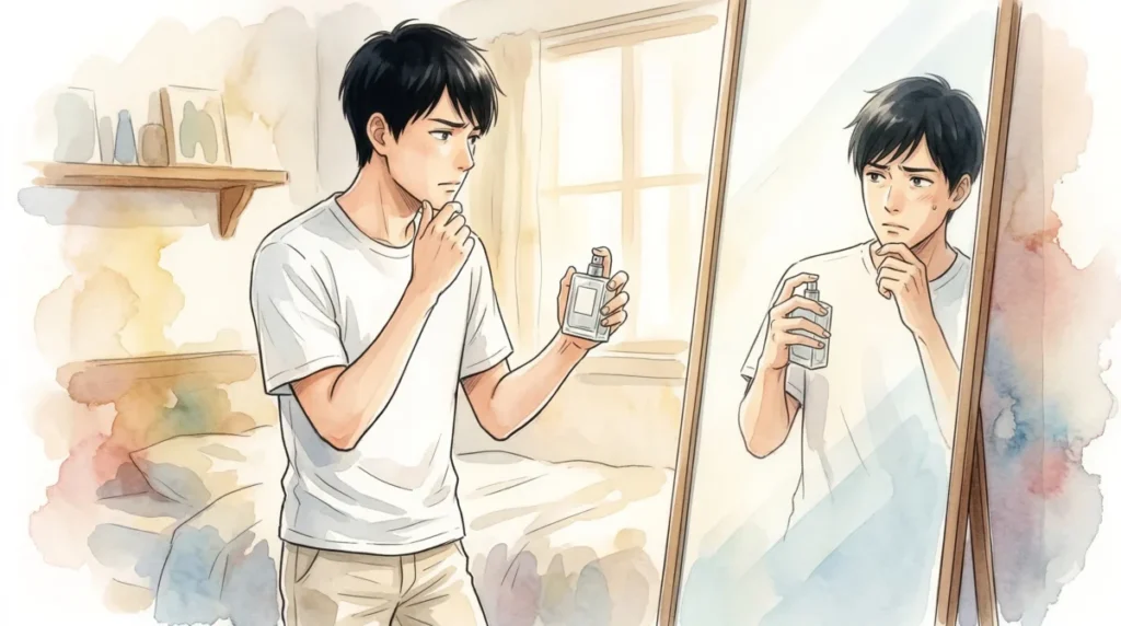 香水の濃度を意識し、最適なプッシュ数を慎重に見極めようとする姿勢を表現したイメージ