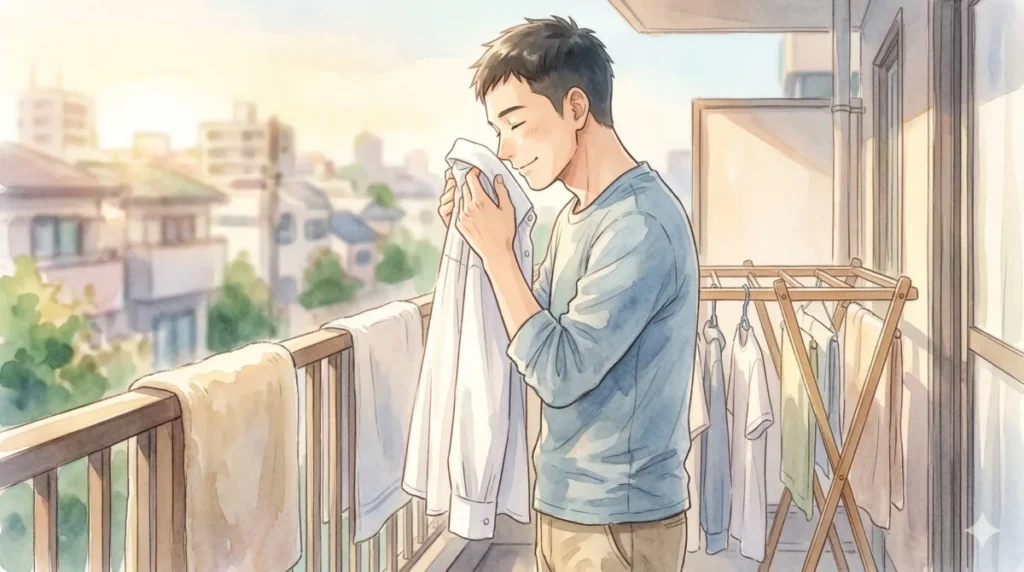 洗濯の工夫で皮脂汚れを落とし、柔軟剤の清潔感ある香りを身にまとう喜びを表現したイメージ