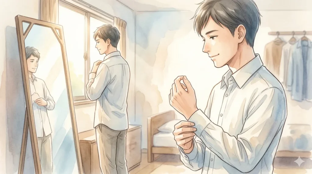 過剰な香りを抑える引き算の美学を習得し、大人の余裕と清潔感を手に入れた姿を表現したイメージ