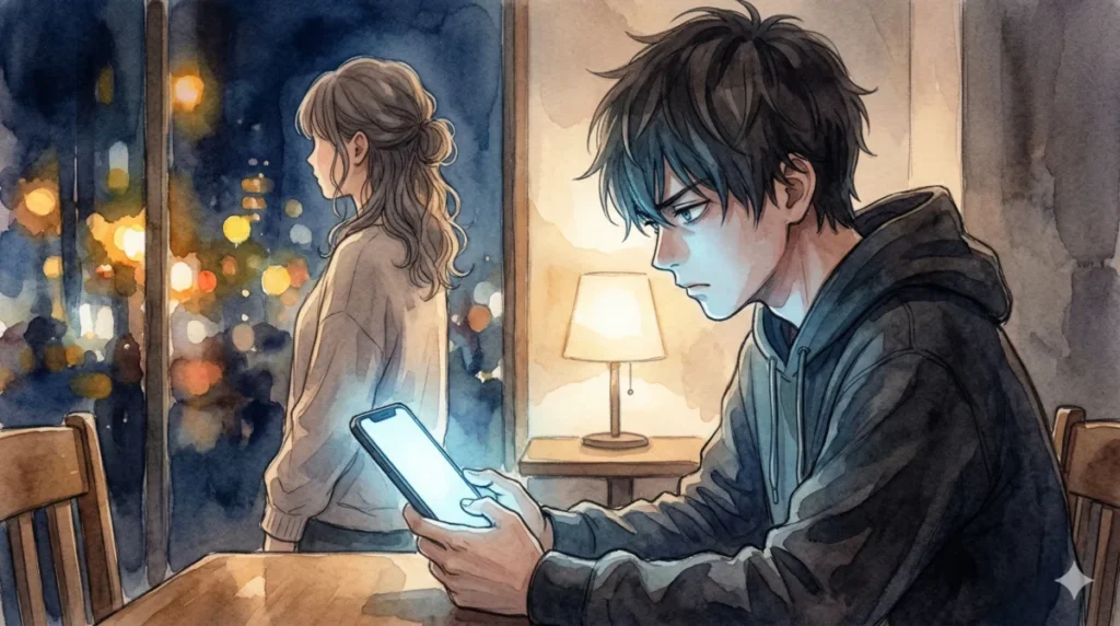 スマホを凝視して不安や嫉妬に囚われ、パートナーとの心理的距離が開いていく状況を表現したイメージ