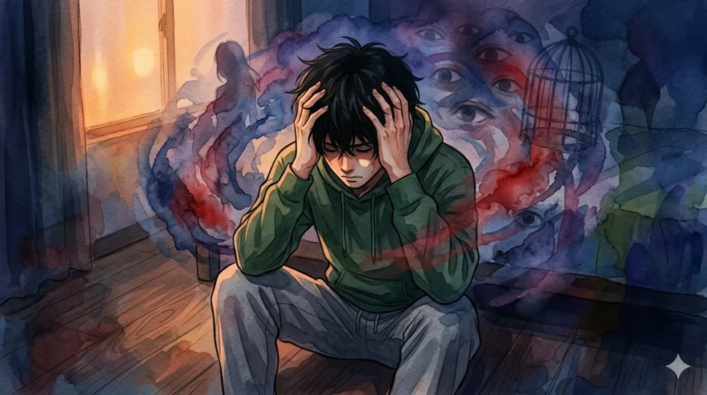 見捨てられ不安や低い自己肯定感によって、頭の中が負の妄想や支配欲で支配されている葛藤を表現したイメージ