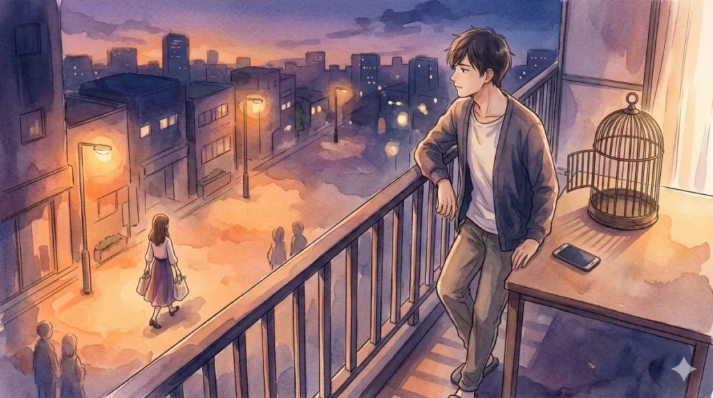 相手を束縛する鳥かごを手放し、自立した一人の人間としてパートナーの自由を認める決意を表現したイメージ