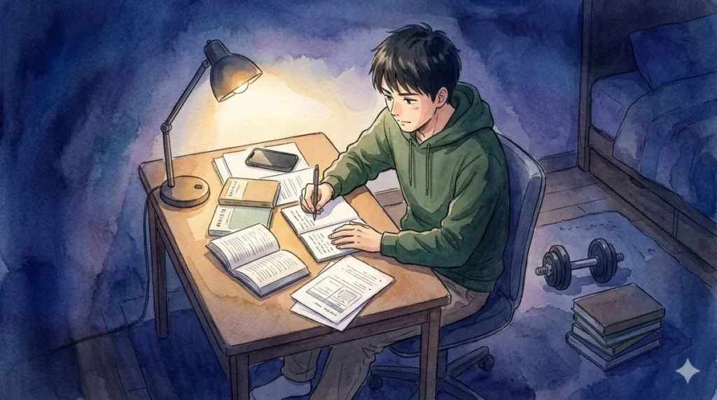 スマホから離れて読書や筋トレに没頭し、自分の機嫌を自分で取りながら自己研鑽に励む姿を表現したイメージ