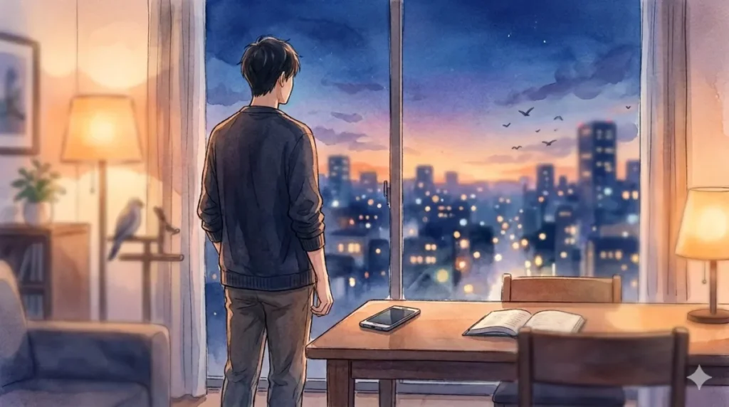 過度な執着から解放され、精神的な余裕を持って夜景を眺める大人の男の自立したスタンスを表現したイメージ