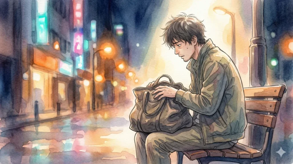 自分の持ち物が年齢に合わず周囲の視線を気にして落ち込む心理を表現したイメージ